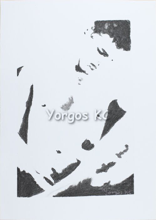A minimalistic charcoal drawing of a nude guy sitting in a chair, with folded legs, holding his dick