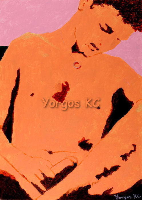 A minimalistic acrylic painting of a nude guy sitting in a chair, with folded legs, holding his dick