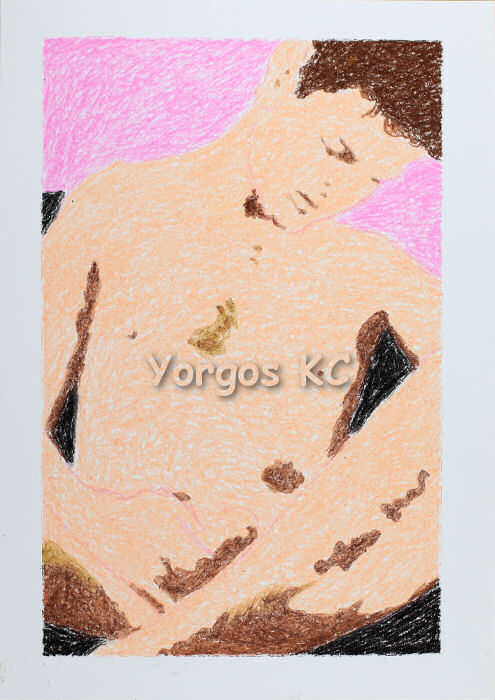 A minimalistic oil pastels drawing of a nude guy sitting in a chair, with folded legs, holding his dick