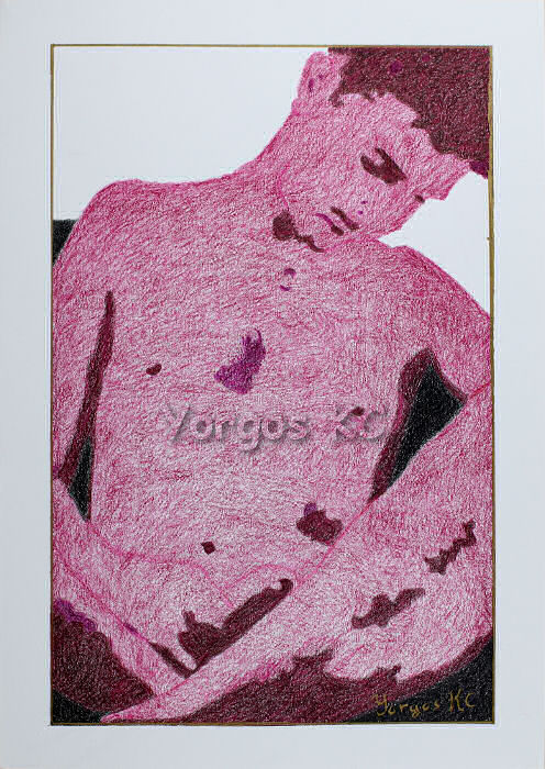 A minimalistic colour pencil drawing of a nude guy sitting in a chair, with folded legs, holding his dick