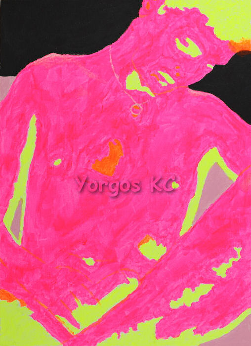 A minimalistic acrylic painting, made by fluo paints, of a nude guy sitting in a chair, with folded legs, holding his dick
