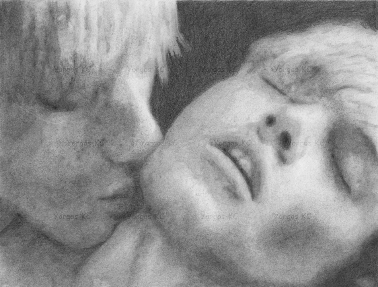 A monochromatic pencil drawing depicting two guys in a close embrace, one kissing the other softly on the side of the neck, conveying a sense of intimacy and emotion.