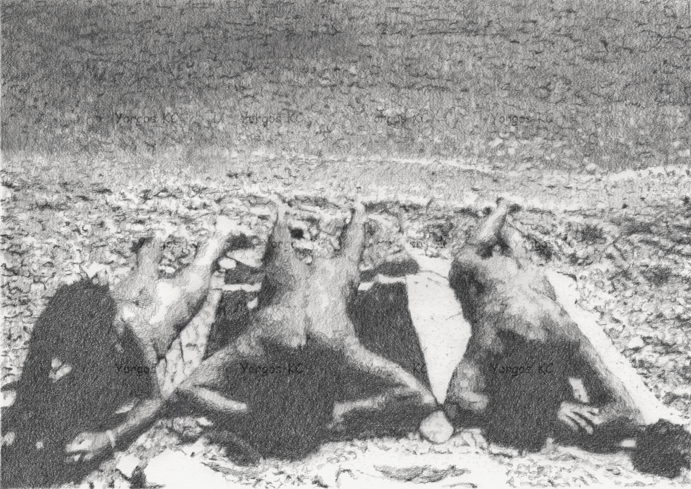 A monochromatic pencil drawing showing three naked friends laid on the beach, almost at the seashore.