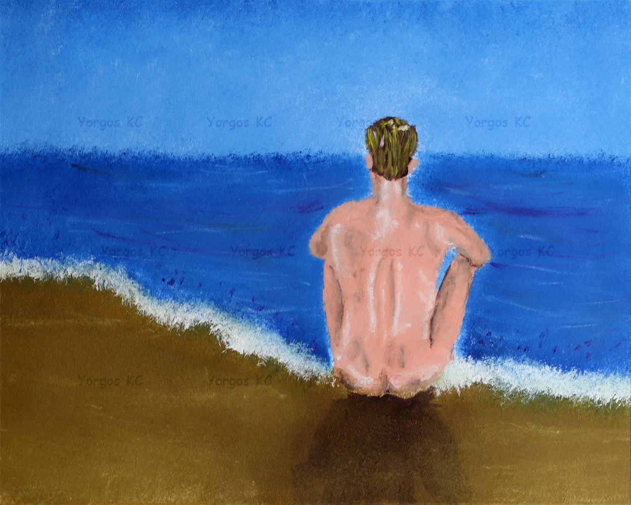 An impressionistic oil painting of a naked guy sitting at the seashore and looking at the horizon..