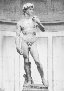 A monochrome pencil drawing of Michelangelo's 'David'
