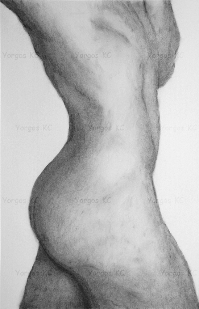 A monochrome pencil nude drawing of a male figure in walking pose, viewed from the side. The image focuses on the curvature of the back, waist, and buttocks, capturing movement and form without facial or hand details.