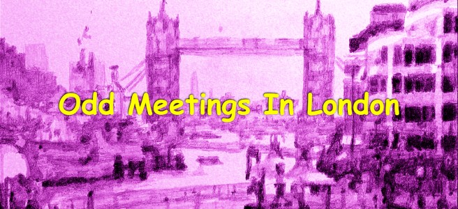 Pencil drawing of Tower Bridge in London, tinted in soft magenta hues. A romanticised riverside view with boats, buildings, and cloudy sky in the background.