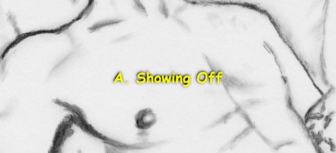 A charcoal drawing of a shirtless guy showing off his chest and belly.
