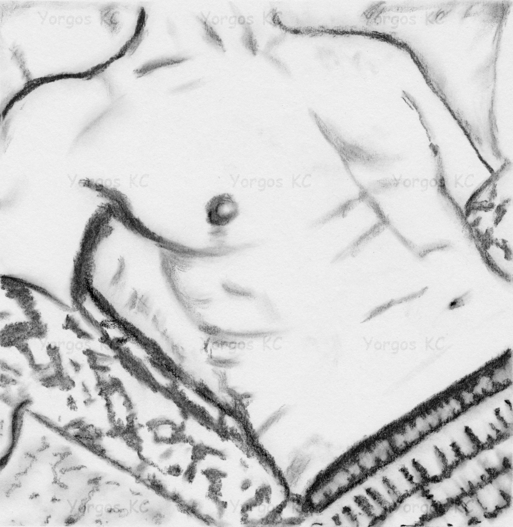 A charcoal drawing of a shirtless guy showing off his chest and belly.