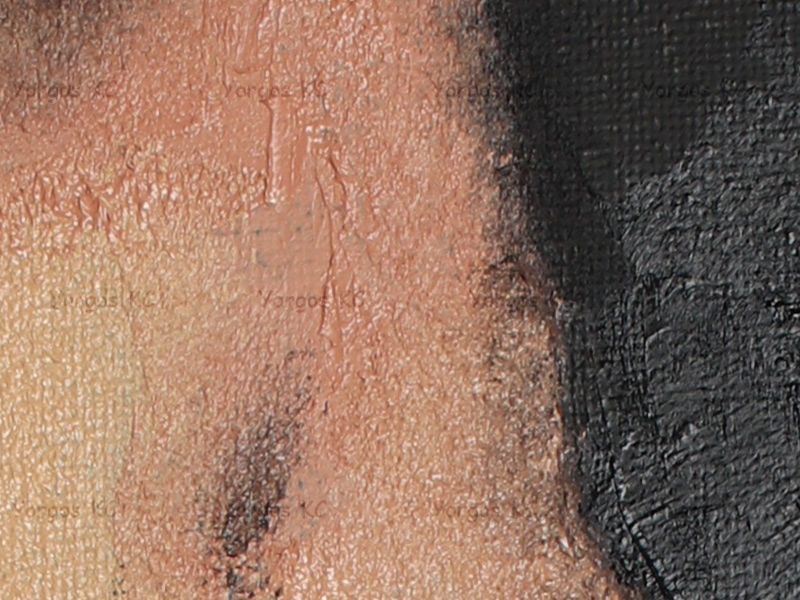 A close up of the painting where the body meets the background.