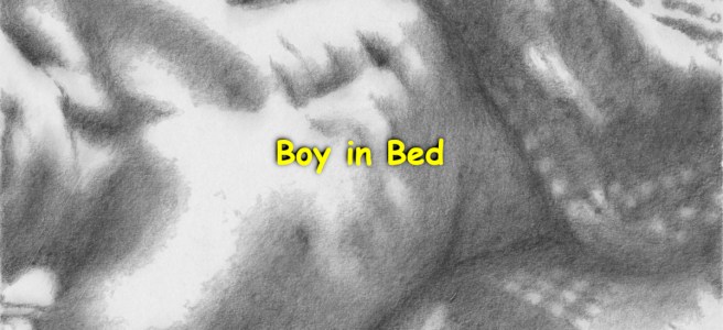 A pencil drawing of a nude boy in bed. A blanket covering his body under the belly, but it leaves a hint of his ass showing.
