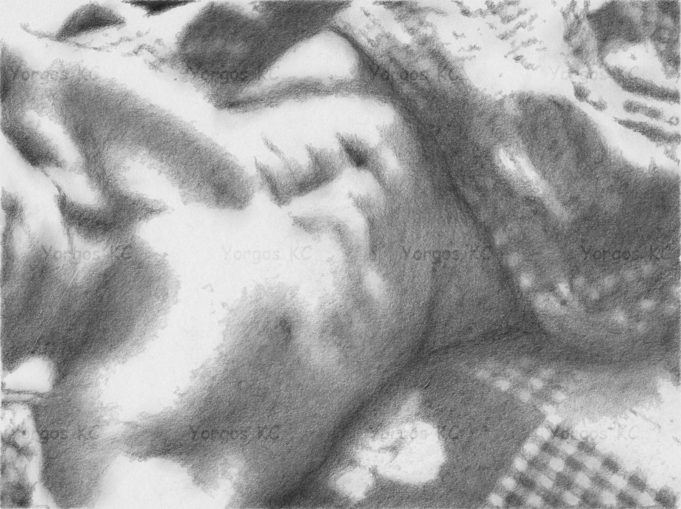 A pencil drawing of a nude boy in bed. A blanket covering his body under the belly, but it leaves a hint of his ass showing.