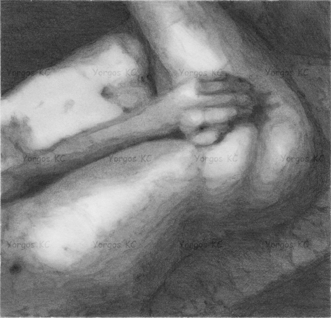 A pencil drawing of a naked guy on the sofa, clenching his butt.