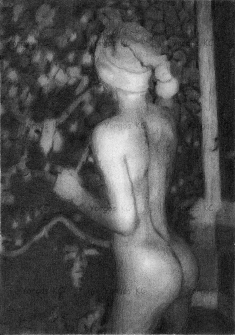 A pencil drawing of a nude boy decorating a Christmas tree.