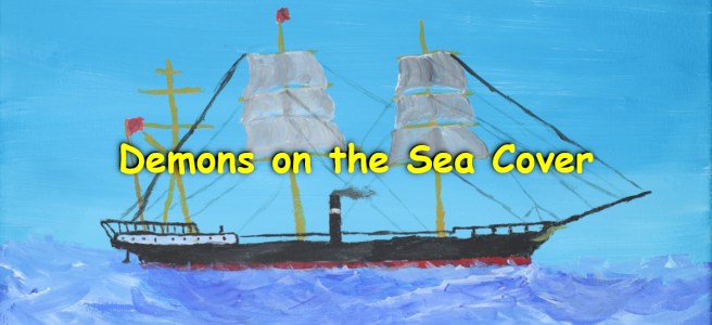 An acrylic painting showing a three masted steamer sailing.