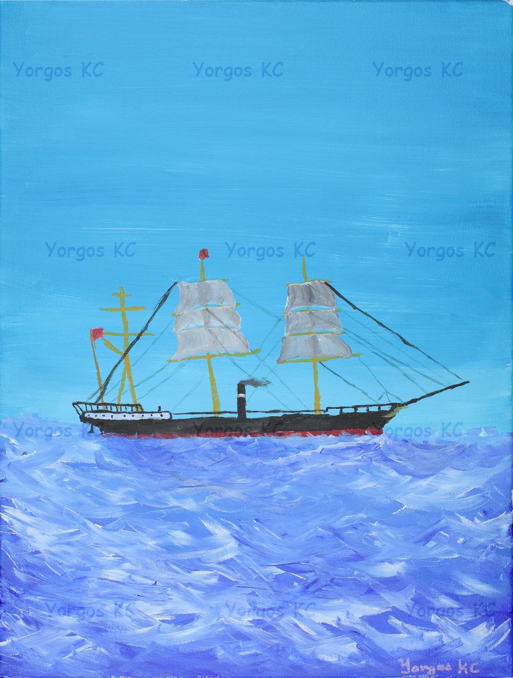 An acrylic painting showing a three masted steamer sailing.