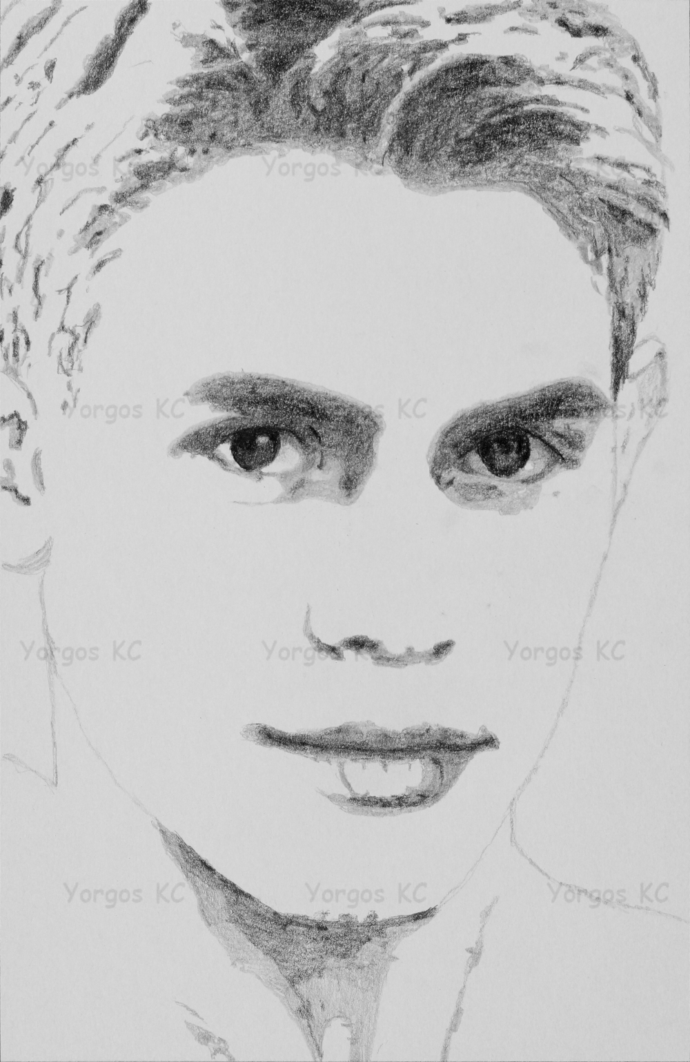 A few-tones pencil drawing of the face of porn actor Dolph Lambert.