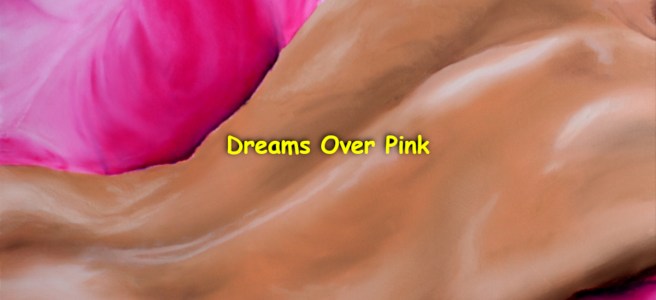 An oil painting of a naked guy lying on the bed, on his stomach, over pink sheets.