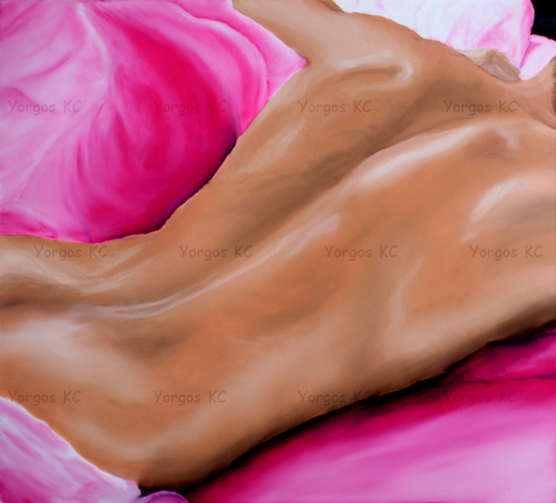 An oil painting of a naked guy lying on the bed, on his stomach, over pink sheets.