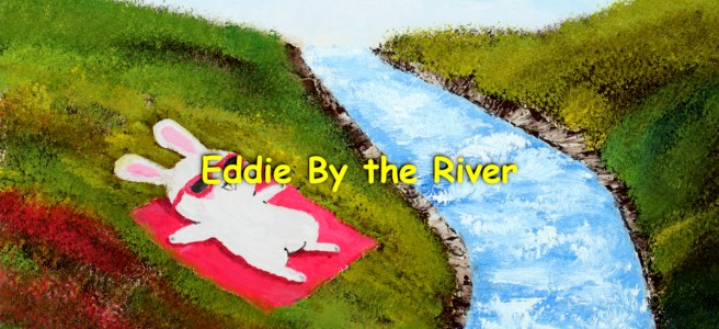 An oil painting of a cartoon-style bunny, Eddie, sunbathing by a river.