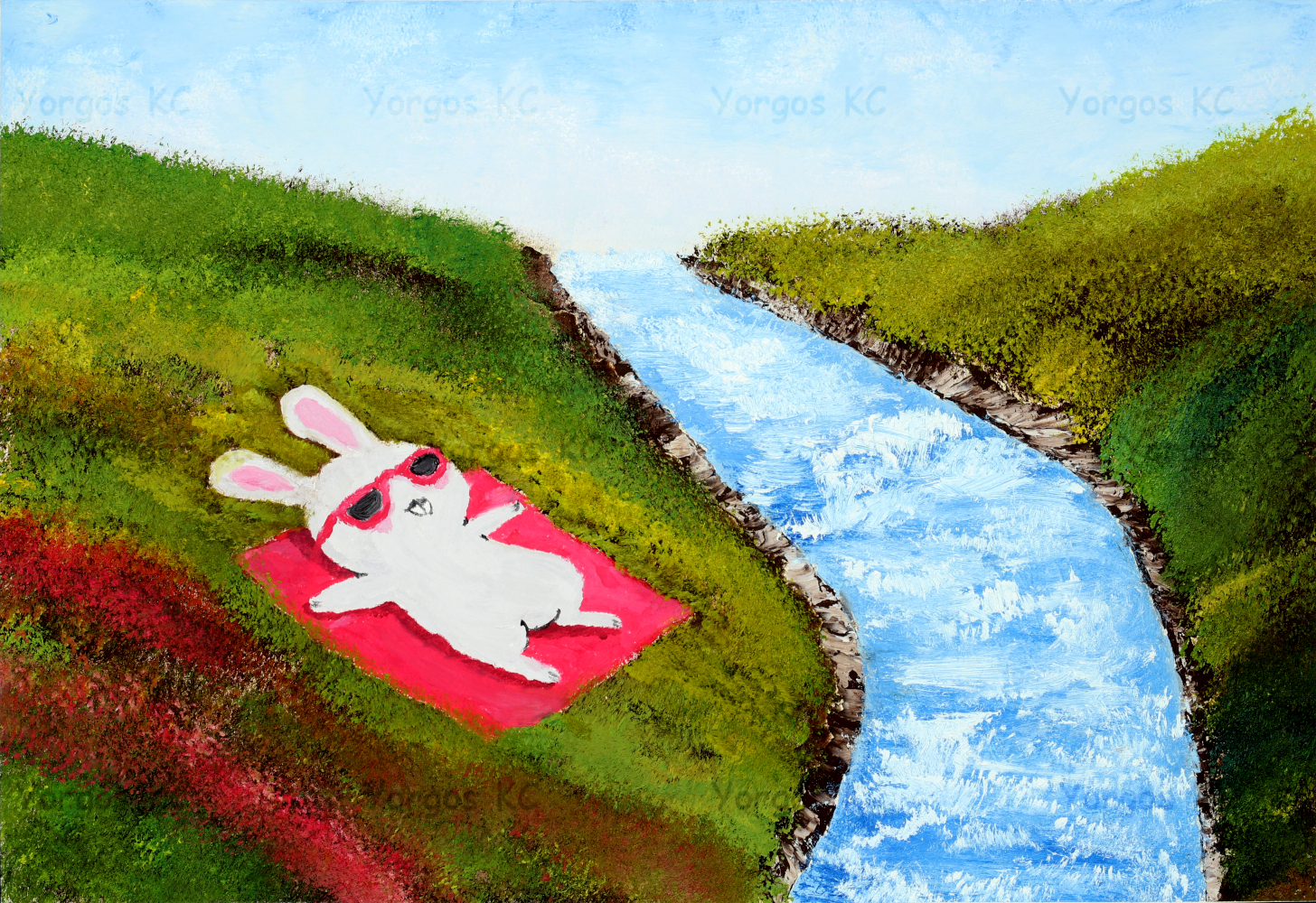 An oil painting of a cartoon-style bunny, Eddie, sunbathing by a river.