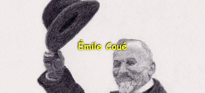 A pencil drawing of Émile Coué, smiling and greeting by rising his hat.
