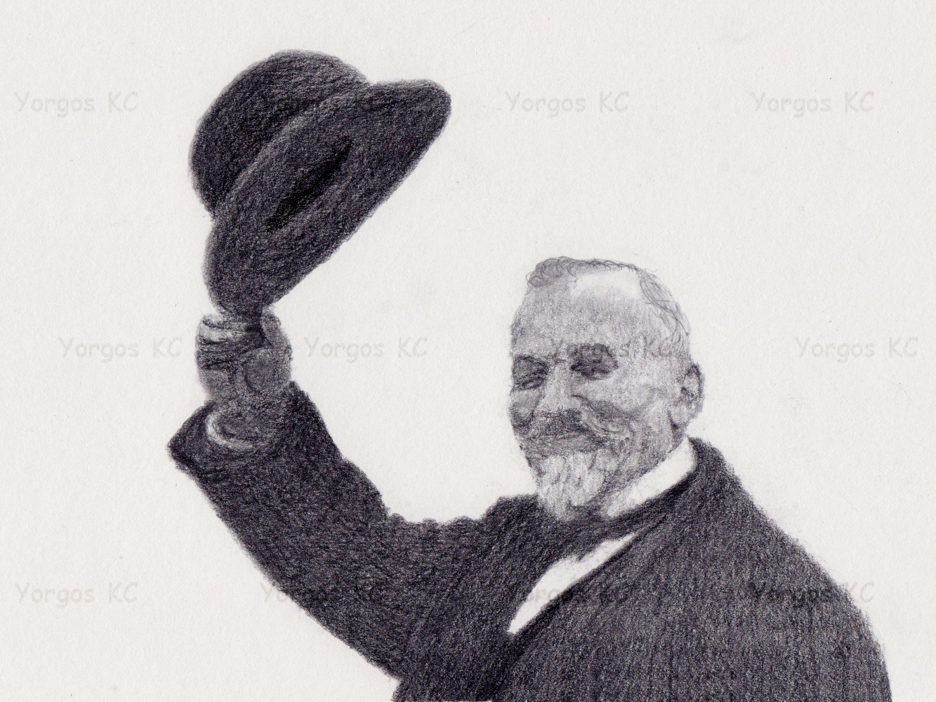 A pencil drawing of Émile Coué, smiling and greeting by rising his hat.