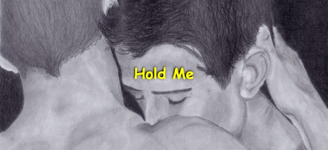 A pencil drawing of a guy resting his face on another guy's shoulder.
