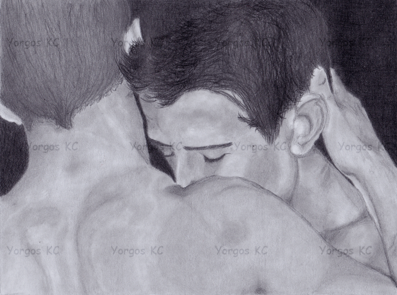A pencil drawing of a guy resting his face on another guy's shoulder.