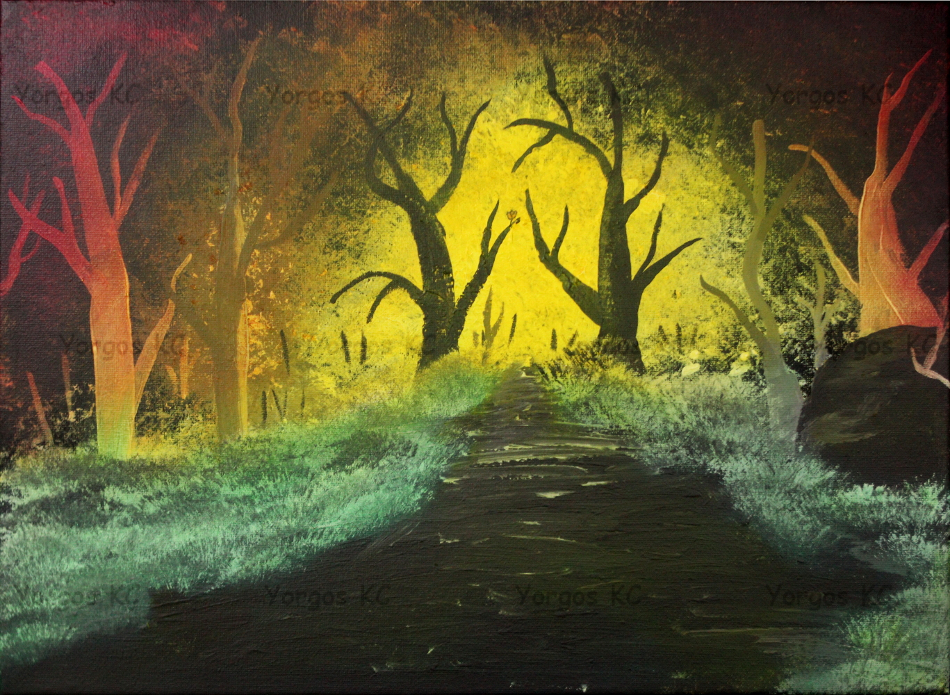 An acrylic and oil painting showing a barren forest, with a tree having a single flower in the background.