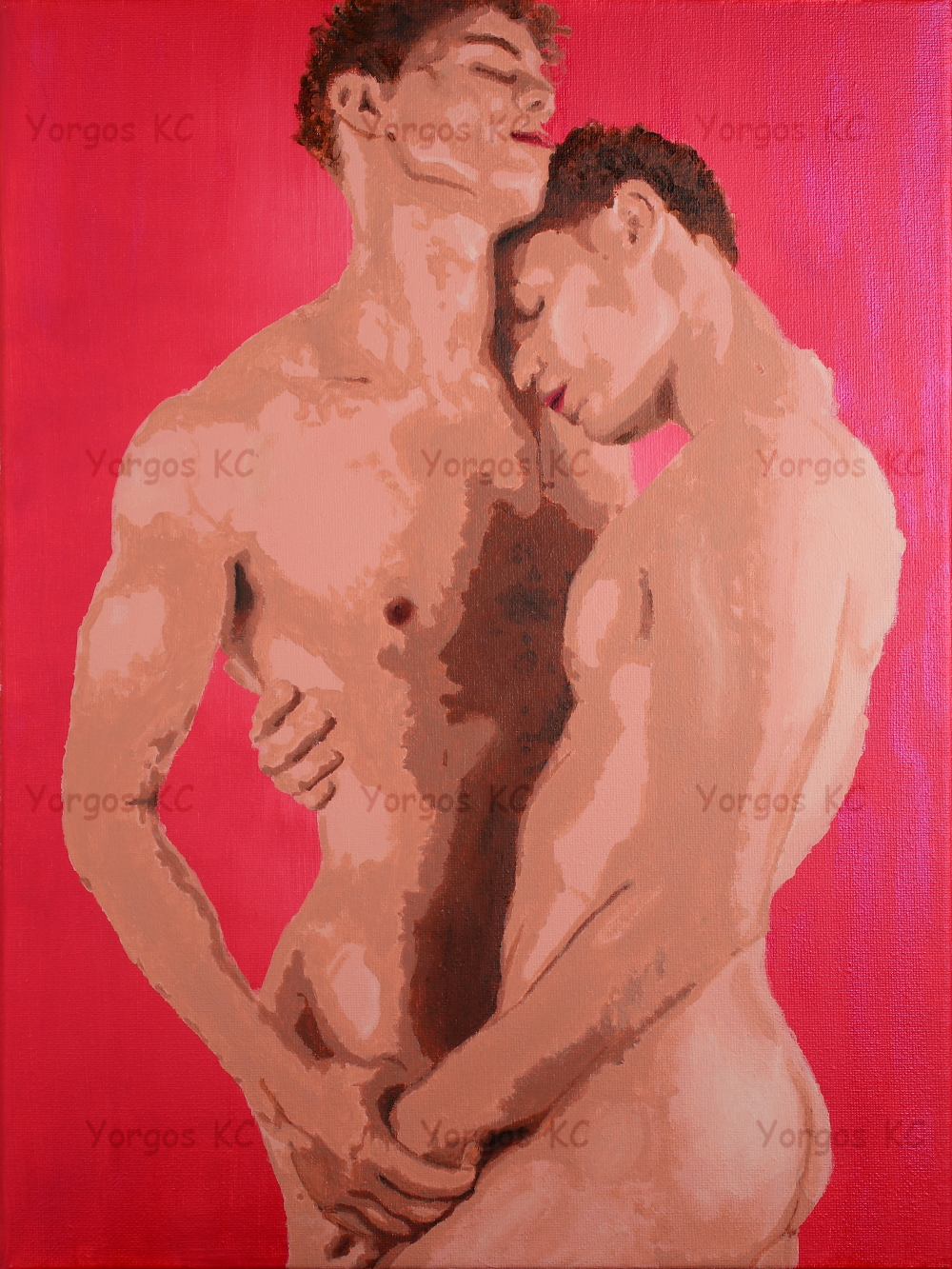 An acrylic painting of two naked guys hugging.