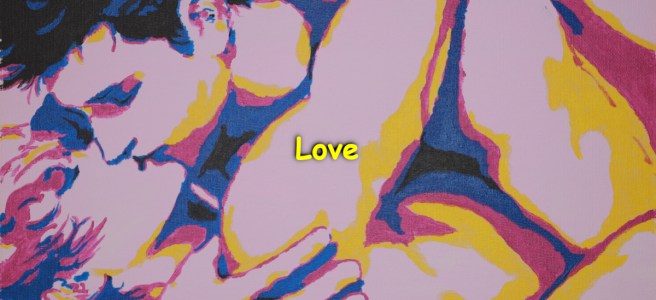 An acrylic painting of two guys kissing while making love.