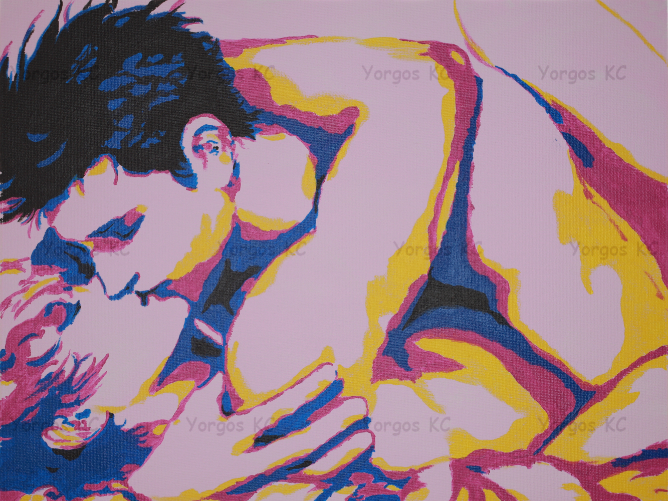 An acrylic painting of two guys kissing while making love.