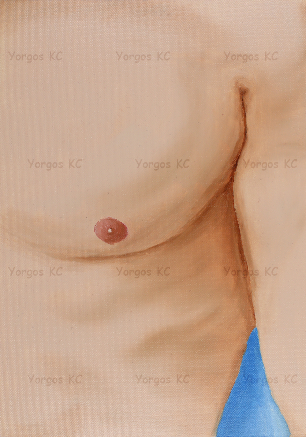 An oil painting of a guy's left-side chest and stomach.