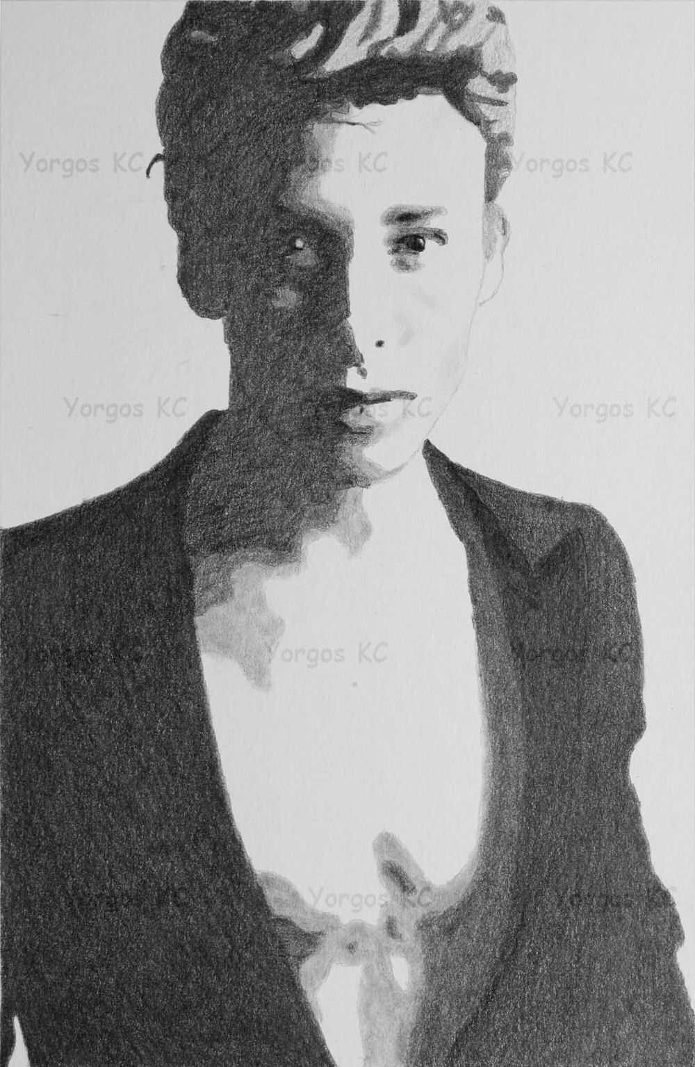 A few-tones pencil drawing of the actor Mitch Hewer