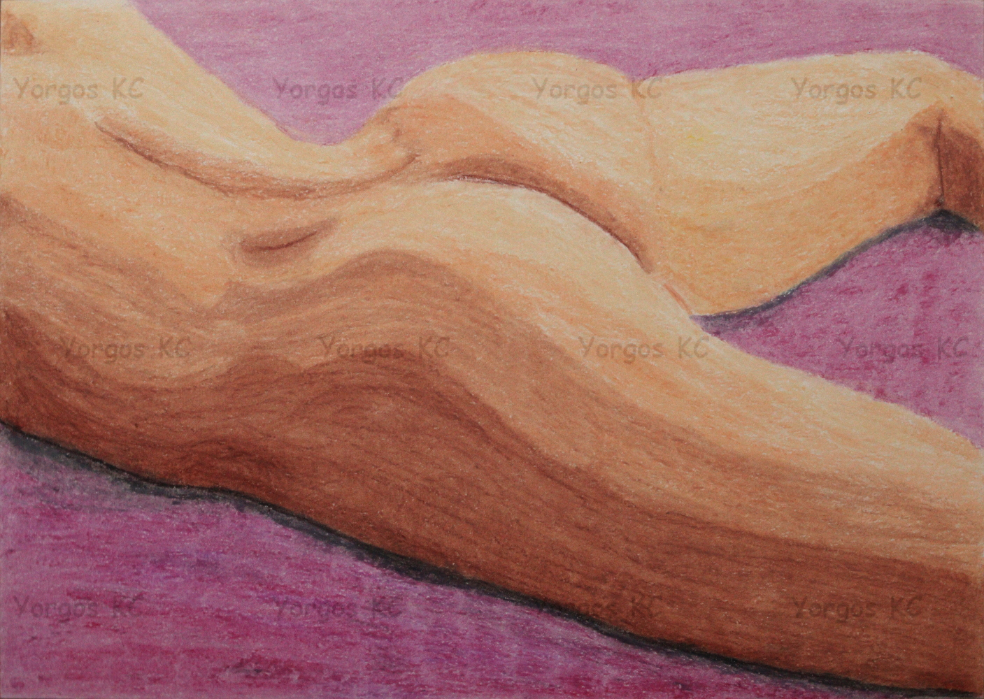 An oil pastel drawing of a naked guy lain on the bed, on this stomach.