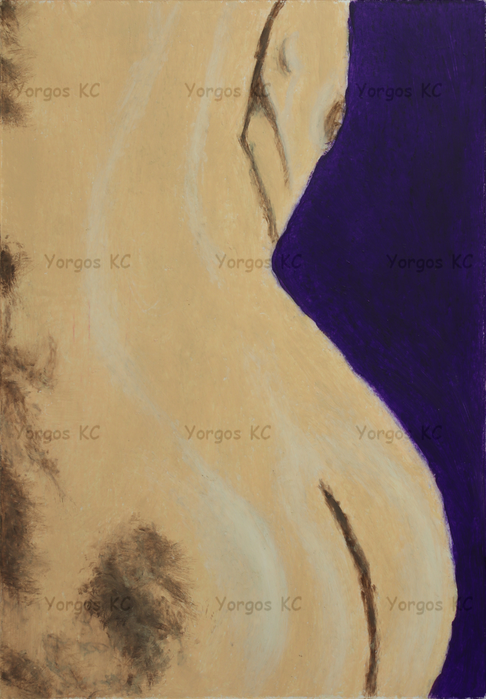 An oil pastel drawing of the back and ass of a nude guy.