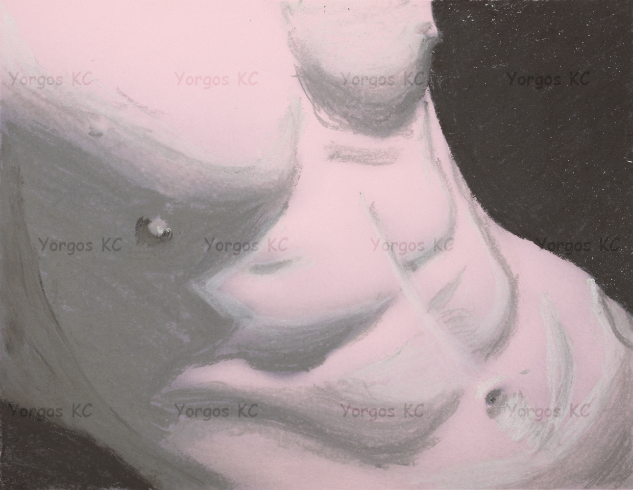 A pastel drawing of the chest and abdomen of a nude guy.
