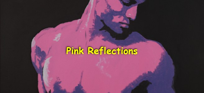 An acrylic painting of a shirtless guy, in white, pink and blue.