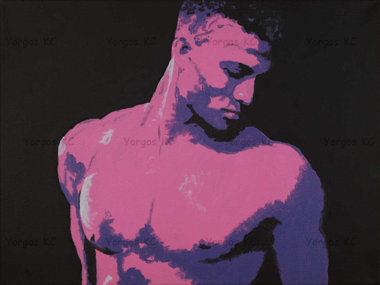 An acrylic painting of a shirtless guy, in white, pink and blue.