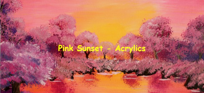 An acrylic painting of a sunset over a pinkish lakescape.
