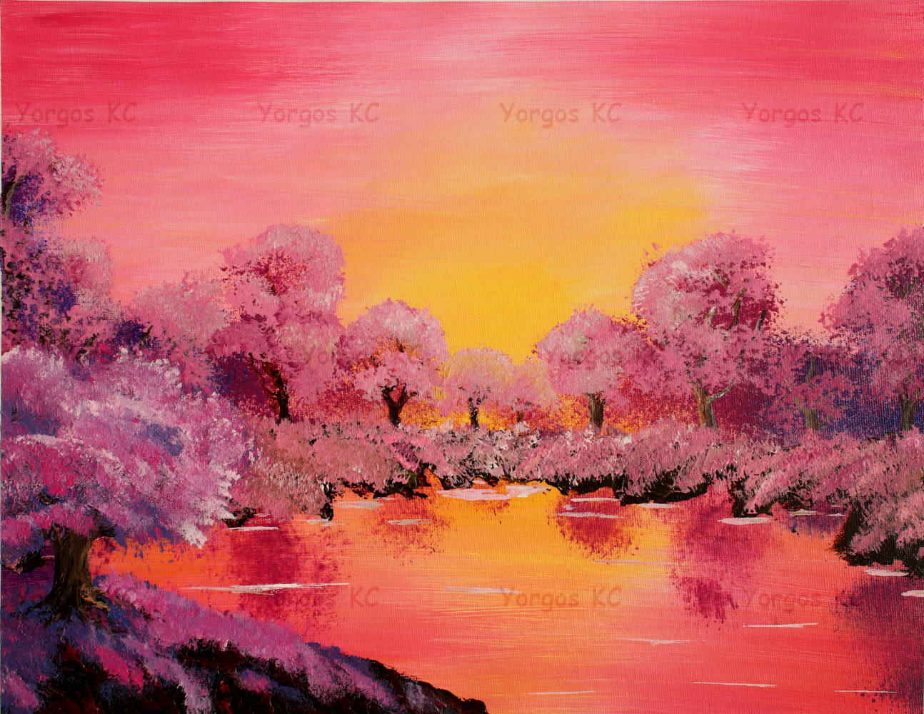 An acrylic painting of a sunset over a pinkish lakescape.