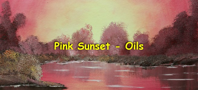 An oil painting of a sunset over a pink lakescape.
