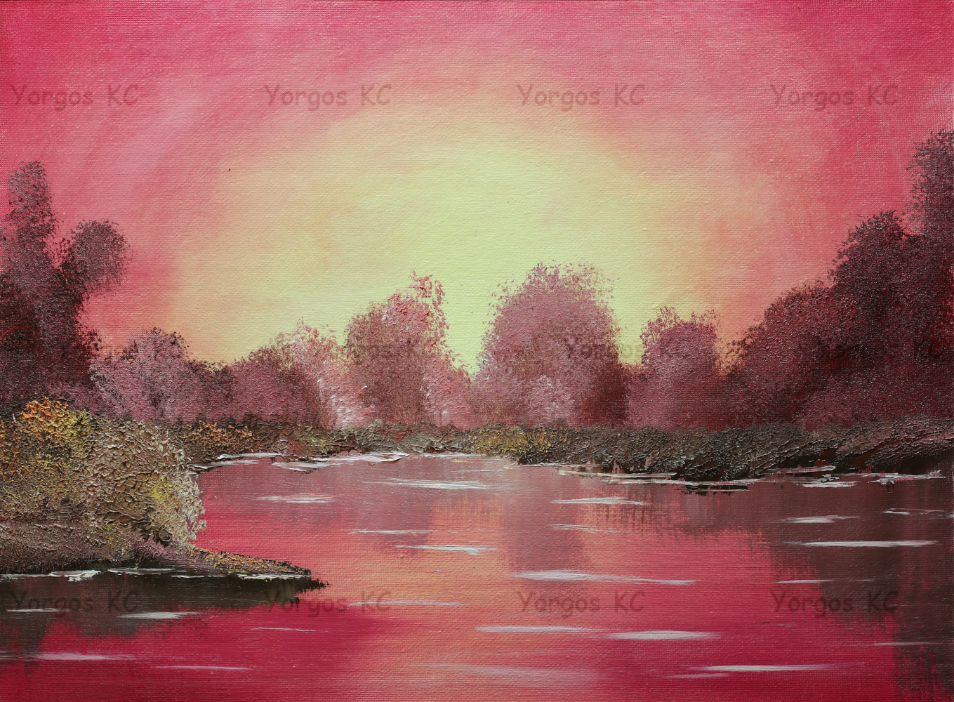 An oil painting of a sunset over a pink lakescape.