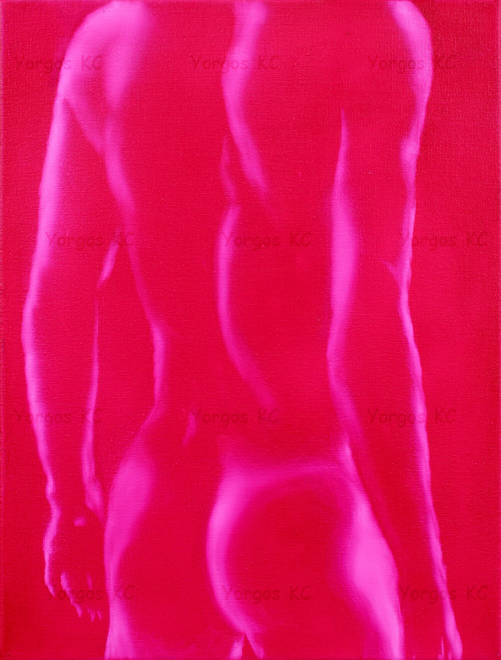 A pink monochrome of the back side of a standing naked guy.