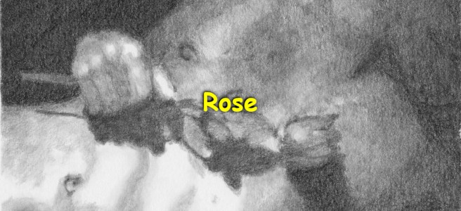 A pencil drawing of a naked guy holding a rose over his chest.