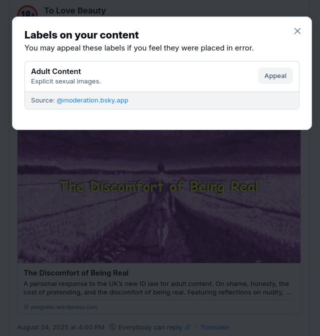 A screenshot from BlueSky showing a post was flagged as containing explicit sexual images.