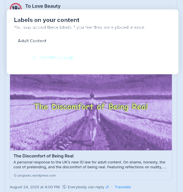 The same image as the previous one, but with levels tampered to show the post, which is "The Discomfort of Being Real"
