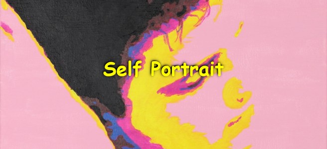 An acrylic painting of a guy's face, made by few very distinct, vivid colours.