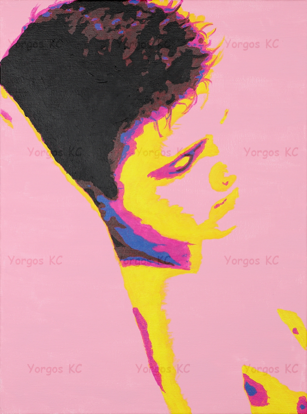 An acrylic painting of a guy's face, made by few very distinct, vivid colours.